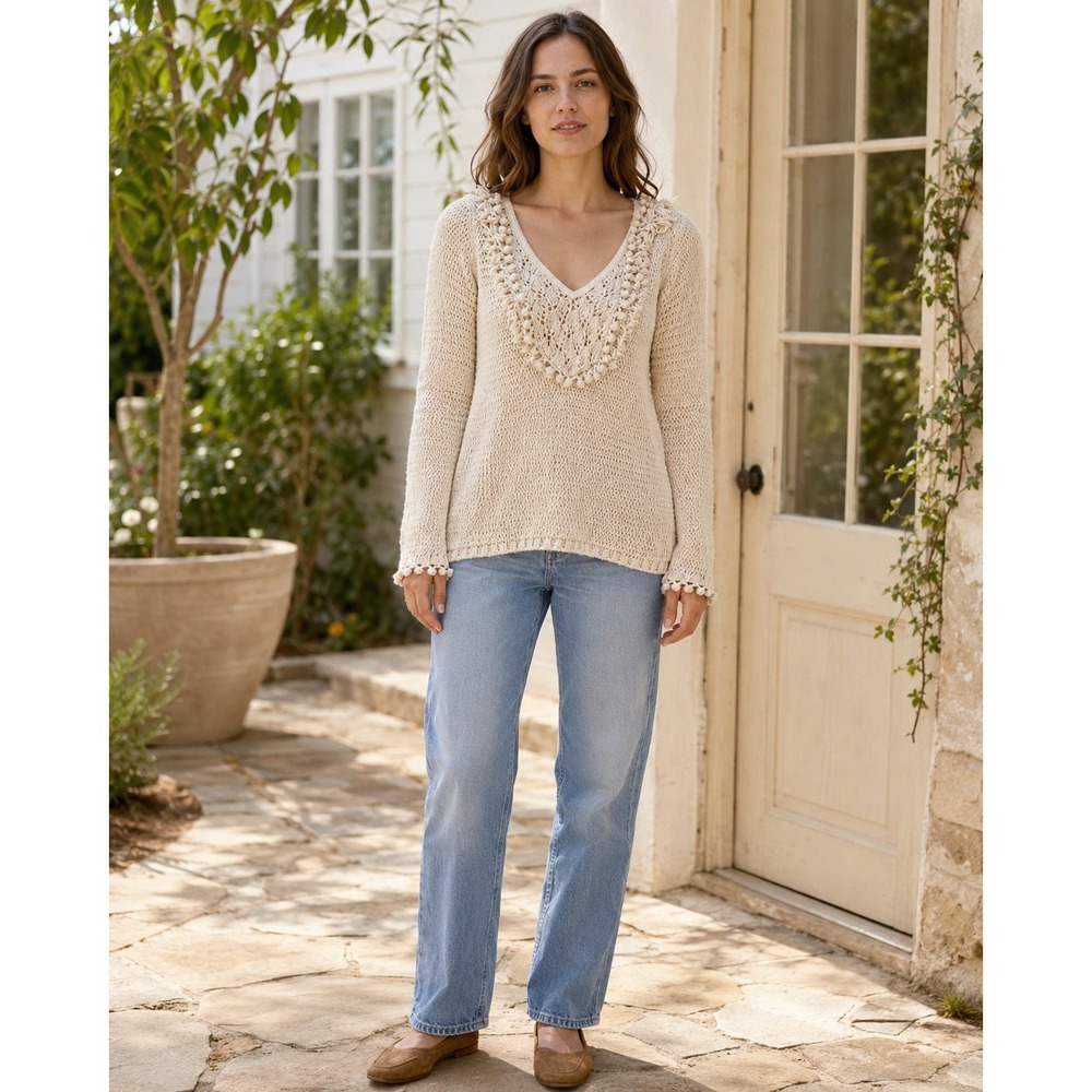 Angel of the North Anthropologie Pom Pom Fringe V-Neck Cotton Knit Sweater Large